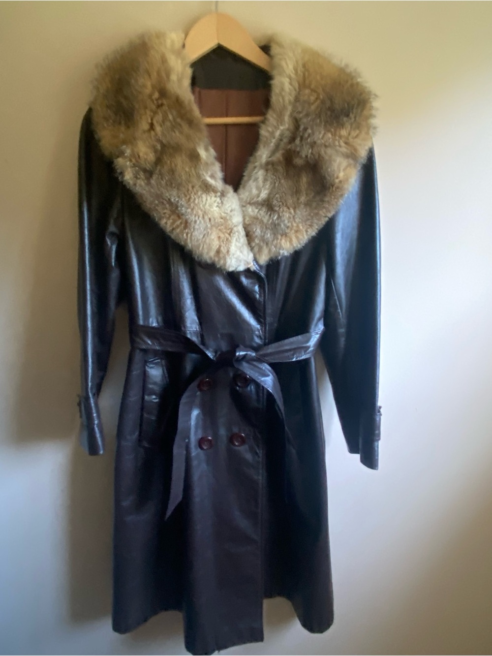 Vintage 70s Brown Leather Trench Coat with Fur Collar